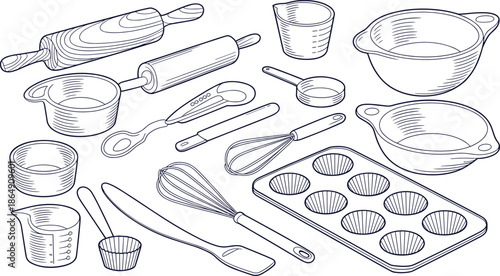 Black and white line art baking tools illustration set with bowls whisks rolling pins, kitchen cookware sketch collection