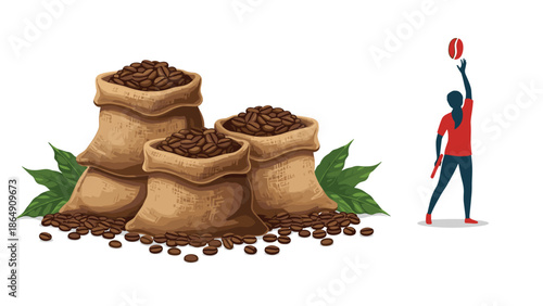 Composite image featuring jute sacks filled with roasted coffee beans and a silhouette of a female volleyball player spiking a coffee bean.