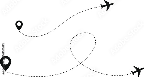 Two airplanes flying on dotted lines with location pins on white background