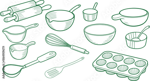 Black and white line art baking tools illustration set with bowls whisks rolling pins, kitchen cookware sketch collection