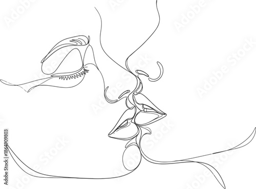 Minimalist line art drawing of two faces about to kiss