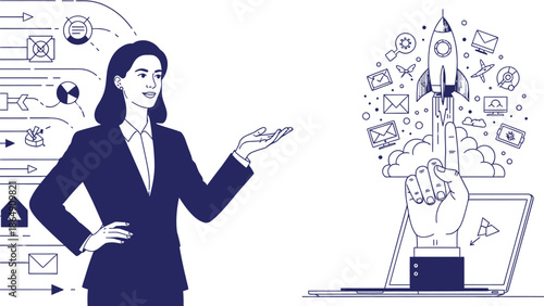 Businesswoman presenting corporate strategy and vision to team in a modern office setting for business success