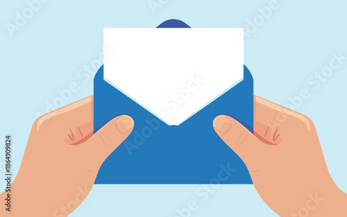 Hands holding a blue envelope with a white letter inside against a light blue background