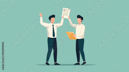 Business professionals exchanging documents and discussing work success in a modern workplace