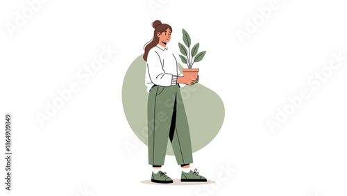 Young woman holding a potted plant with casual attire and stylish hair in an illustrative design