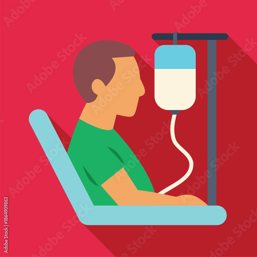 Patient sitting while receiving intravenous infusion treatment from an iv drip stand