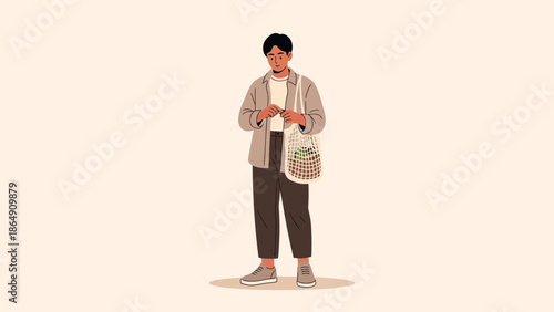 Casual young man with a tote bag dressed in neutral tones standing on plain background