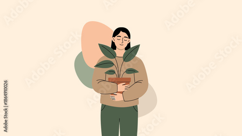 Minimalist Illustration of a Woman Holding a Plant in a Pot with Calm Expression and Soft