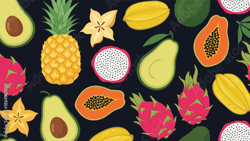 Seamless pattern of colorful exotic tropical fruits including pineapple, avocado, dragon fruit, and papaya on a dark background.