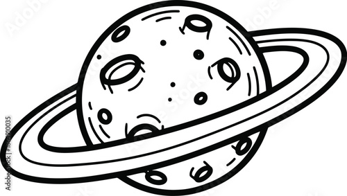 Hand drawn illustration of a ringed planet with craters in a simple line art style