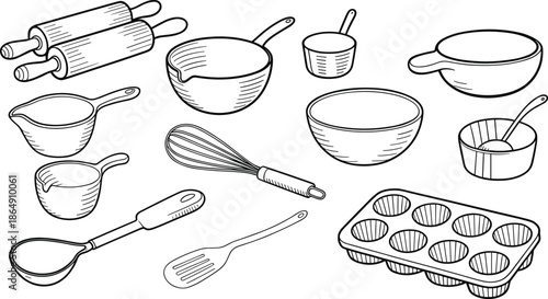 Black and white line art baking tools illustration set with bowls whisks rolling pins, kitchen cookware sketch collection