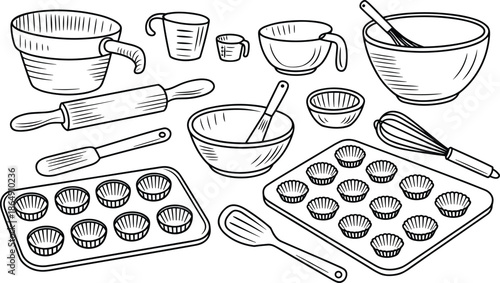 Black and white line art baking tools illustration set with bowls whisks rolling pins, kitchen cookware sketch collection