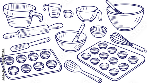 Black and white line art baking tools illustration set with bowls whisks rolling pins, kitchen cookware sketch collection