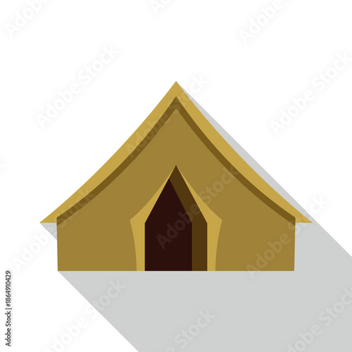 Camping tent with triangular entrance and long shadow representing outdoor adventure