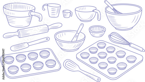Black and white line art baking tools illustration set with bowls whisks rolling pins, kitchen cookware sketch collection