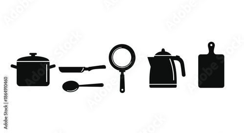 Collection of essential kitchen cooking utensils and cookware icons presented in simple silhouette