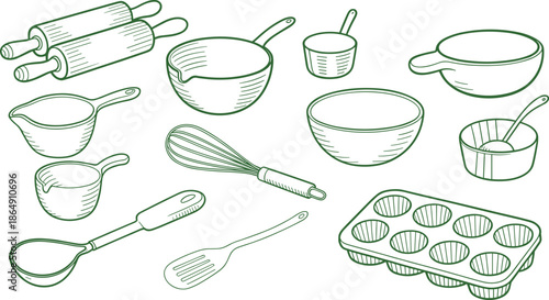 Black and white line art baking tools illustration set with bowls whisks rolling pins, kitchen cookware sketch collection