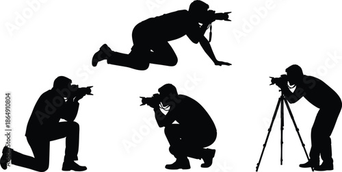 Action photographer silhouette poses with camera and tripod, dynamic shooting angles, professional photography workflow concept, black vector illustration isolated
