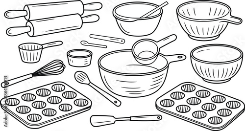 Black and white line art baking tools illustration set with bowls whisks rolling pins, kitchen cookware sketch collection