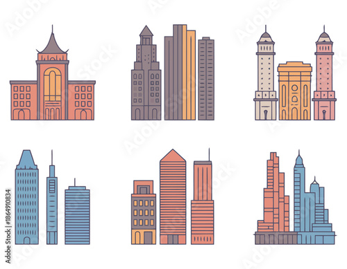 Collection of colorful city buildings and skyscrapers