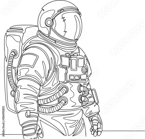 Astronaut in a detailed suit stands looking to the side