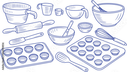 Black and white line art baking tools illustration set with bowls whisks rolling pins, kitchen cookware sketch collection