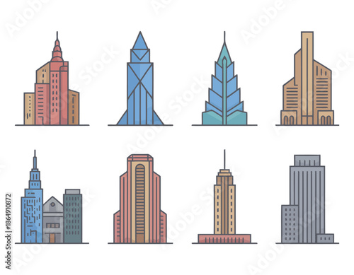 Collection of colorful line art style buildings