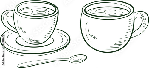 Black and white line drawing of coffee cups with saucer and spoon, minimalist hand drawn beverage illustration vector art