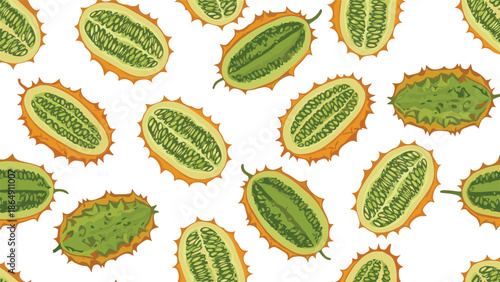 Seamless vector pattern of ripe green and orange horned melons, also known as kiwano, isolated on a clean white background.