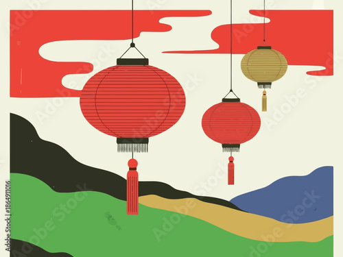 Chinese new year lanterns hanging over a landscape with red clouds above