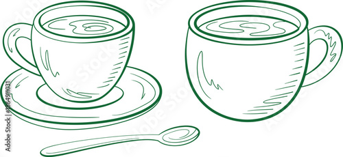 Black and white line drawing of coffee cups with saucer and spoon, minimalist hand drawn beverage illustration vector art