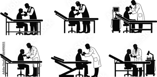 Doctor examining patient silhouettes, medical checkup scenes, healthcare consultation, clinic treatment process, hospital diagnosis service, black vector illustration isolated