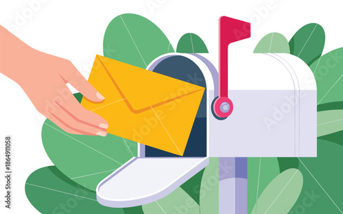 Hand holding yellow envelope near open mailbox with green leaves surrounding it