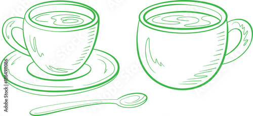 Black and white line drawing of coffee cups with saucer and spoon, minimalist hand drawn beverage illustration vector art