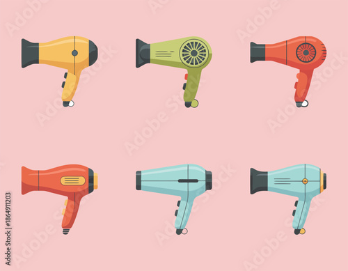 Collection of colorful hair dryers in various styles on pink background