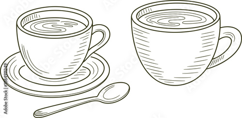 Black and white line drawing of coffee cups with saucer and spoon, minimalist hand drawn beverage illustration vector art