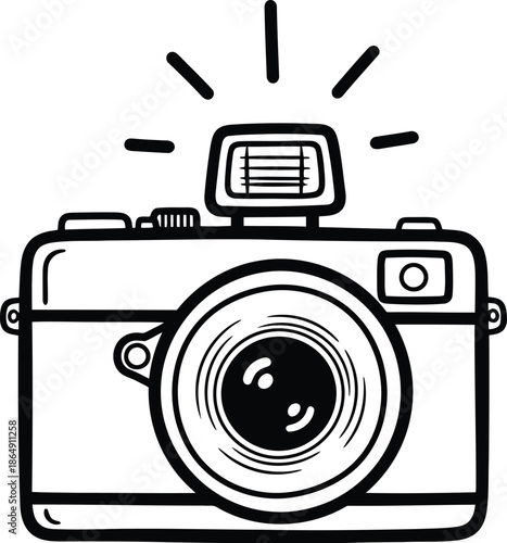 Hand drawn sketch of a vintage camera with a flash firing