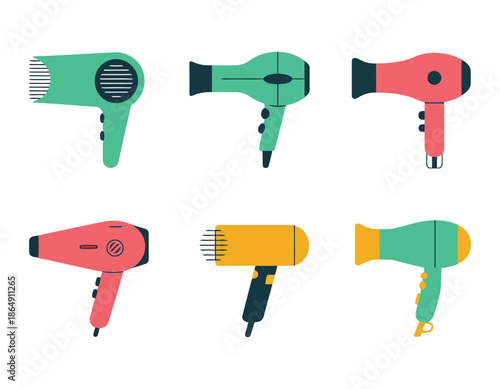 Collection of colorful hair dryers for beauty salon