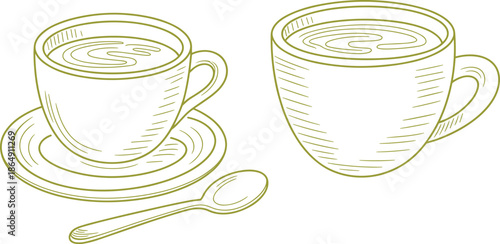 Black and white line drawing of coffee cups with saucer and spoon, minimalist hand drawn beverage illustration vector art