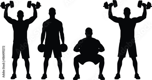 Male fitness silhouettes lifting dumbbells, strength training workout poses, muscular gym exercise collection, bodybuilding concept, black vector illustration isolated