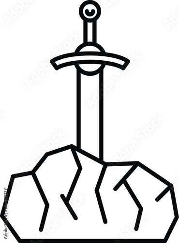 Outline drawing of a legendary sword stuck firmly in a rugged rock, symbolizing power