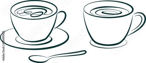 Black and white line drawing of coffee cups with saucer and spoon, minimalist hand drawn beverage illustration vector art