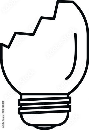 Broken lightbulb outline icon on white background symbolizing failure or problem