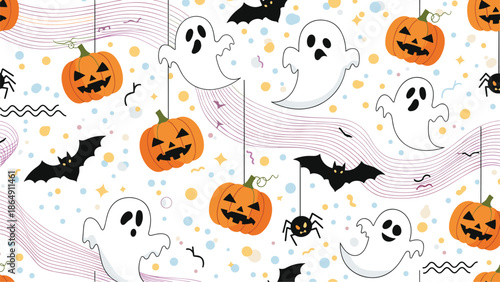 Playful and seamless Halloween pattern with cute cartoon ghosts, pumpkins, bats, and spiders on a festive white background.