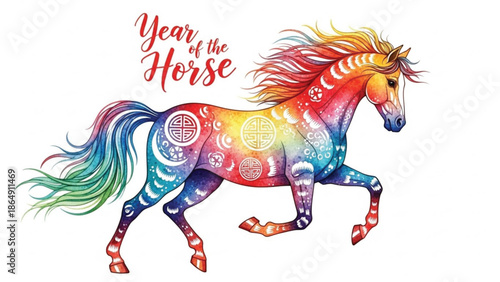 Colorful Year of the Horse Illustration Chinese New Year Zodiac Horse with Traditional Symbols Isolated on White
