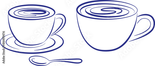 Black and white line drawing of coffee cups with saucer and spoon, minimalist hand drawn beverage illustration vector art