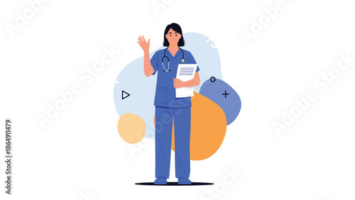 Full-length illustration of a friendly female nurse or doctor in blue scrubs with a stethoscope waving on an abstract background.