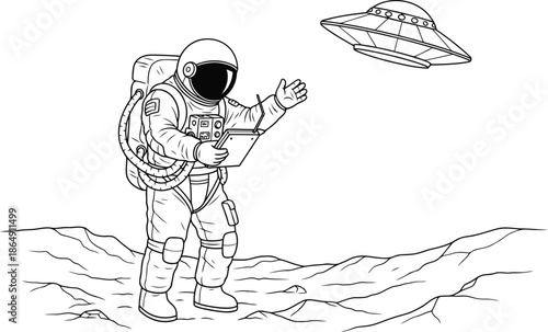 Astronaut waving hello to a flying saucer on an alien planet