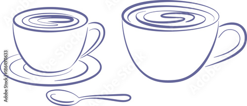 Black and white line drawing of coffee cups with saucer and spoon, minimalist hand drawn beverage illustration vector art