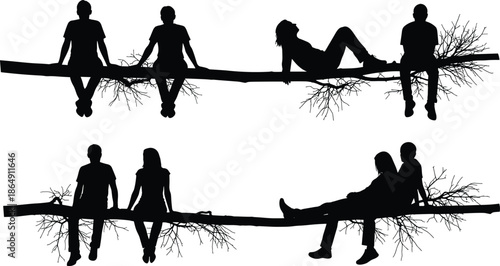 People silhouettes sitting on tree branch, friends relaxing together, nature outdoor leisure concept, friendship bonding moment, black vector illustration isolated